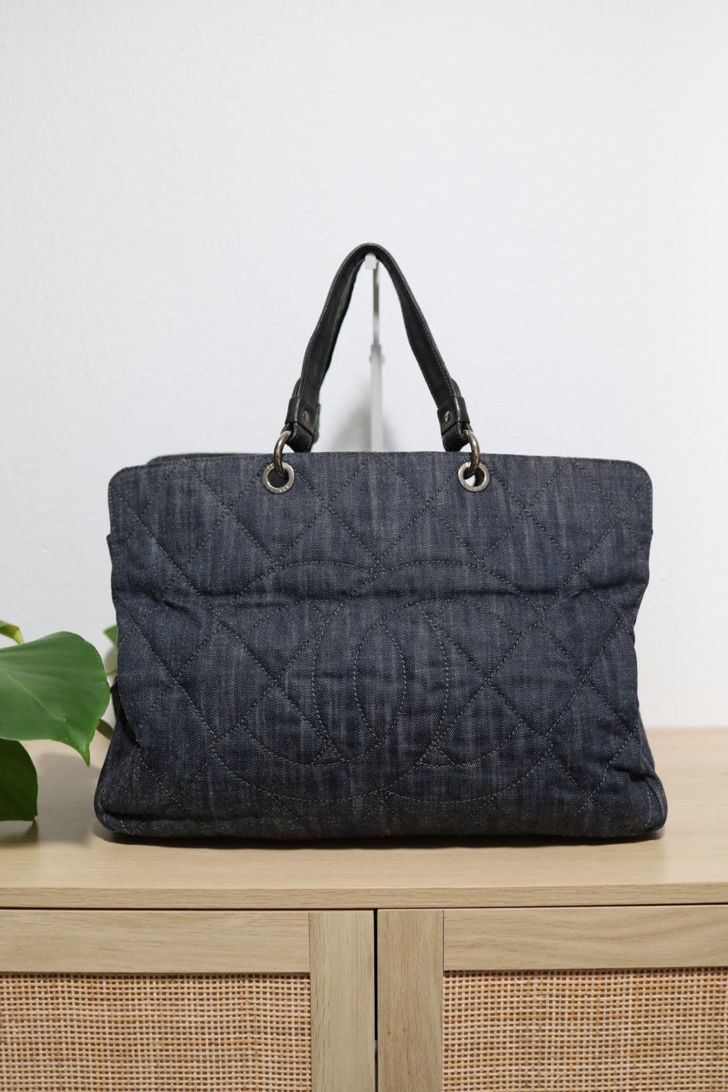 Chanel Dark Blue Denim CC Tote Bag Silver Hardware