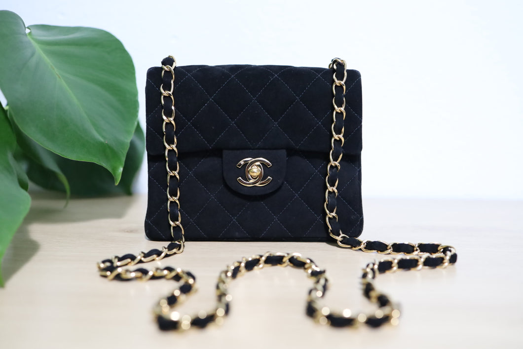 Vintage Chanel Black Suede Square Mini Classic Flap 24K GHW