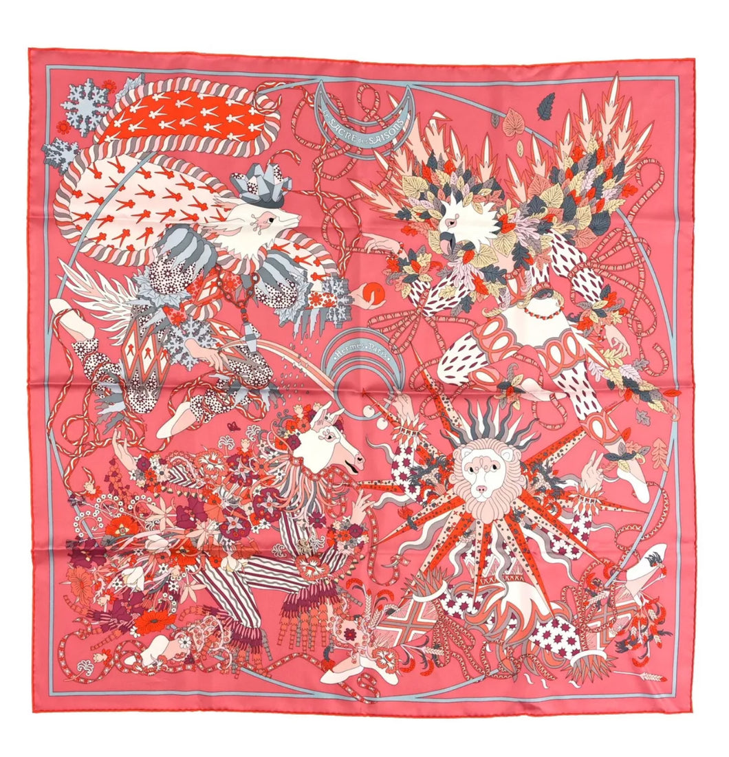 Brand New Hermes Silk Le Sacre Des Saison Scarf 90 Vieux Rose Gris Bleute Orange