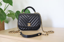 Load image into Gallery viewer, Authentic Chanel Black Chevron Mini Top Handle Crossbody Bag Gold Hardware
