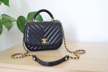 Load image into Gallery viewer, Authentic Chanel Black Chevron Mini Top Handle Crossbody Bag Gold Hardware
