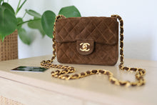 Load image into Gallery viewer, Authentic Vintage Chanel Classic Square Mini Brown Suede Flap Bag 24K GHW
