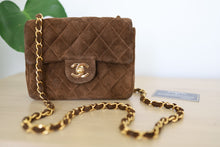 Load image into Gallery viewer, Authentic Vintage Chanel Classic Square Mini Brown Suede Flap Bag 24K GHW
