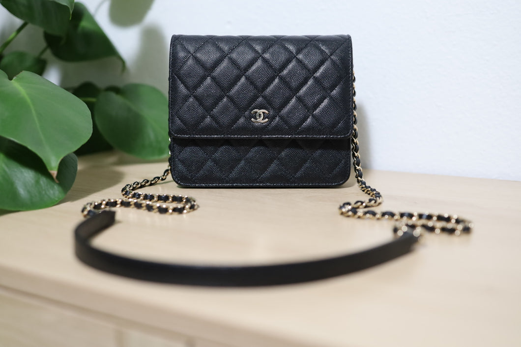 Authentic Chanel Black Caviar Quilted Square Wallet On Chain WOC Crossbody Bag