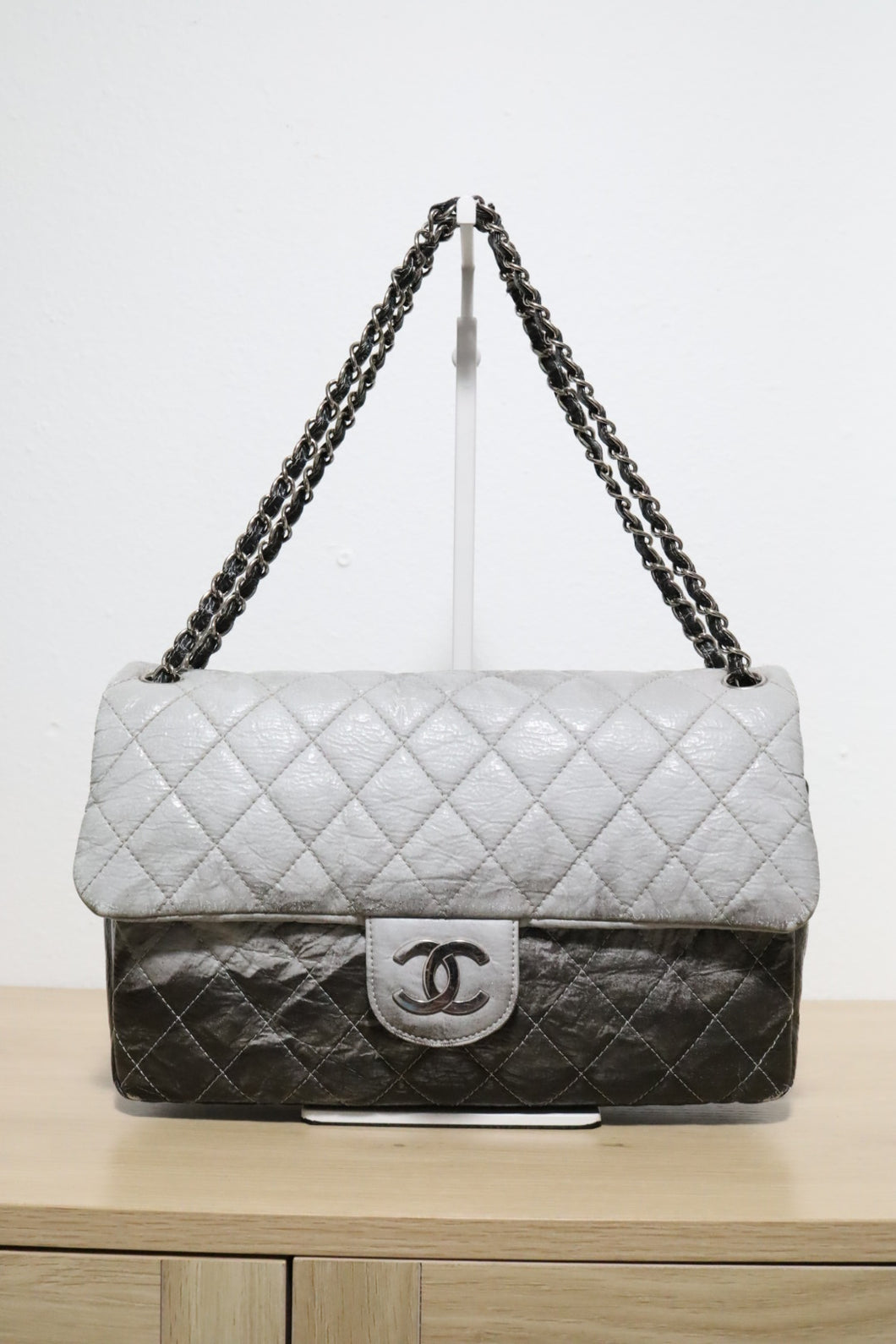 Chanel Black Grey Distressed Crinkled Vinyl Quilted Jumbo Melrose Degrade Flap Bag SHW