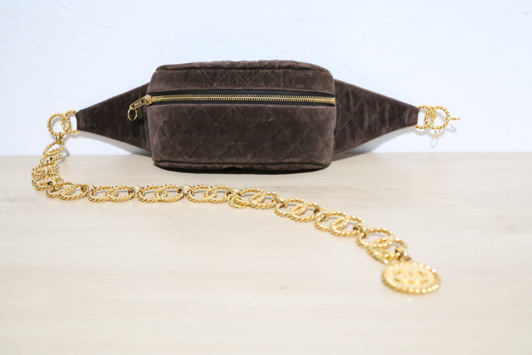 Vintage Chanel Brown Suede Medallion Fanny Belt Bum Bag Gold Hardware